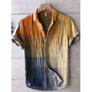 Orange Blue Sunrise Gradient Grid Art Print Casual Cotton And Linen Polo