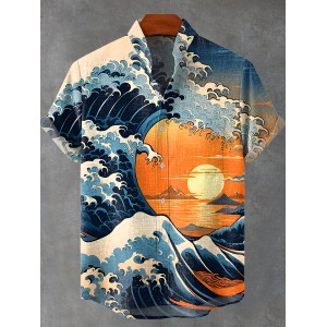 Vintage Japanese Ocean waves Sunset Print Casual 100% Cotton Shirt