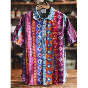 Multi-color Striped Geometric Art Print Casual 100% Cotton Shirt