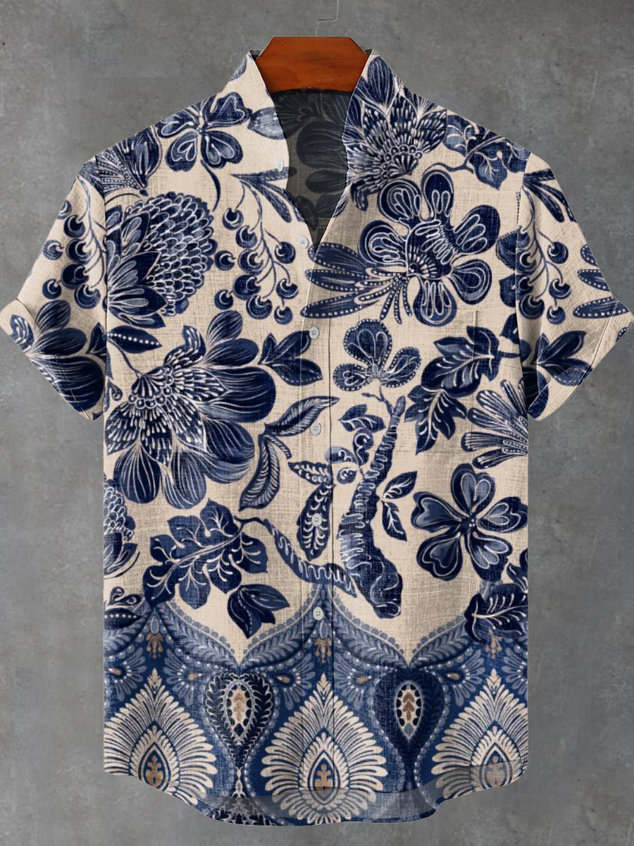 Blue Ethnic Floral Pattern Vintage Print Casual 100% Cotton Shirt