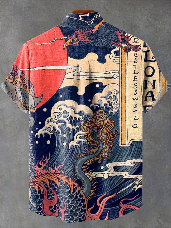 Vintage Japanese Art Ukiyoe Wave Painting Print Casual Cotton And Linen Polo
