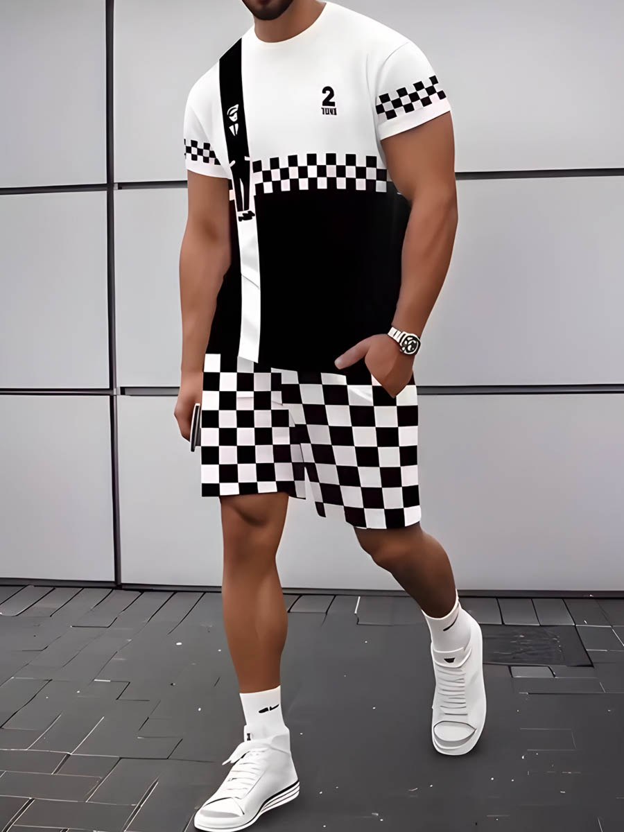 Men's Simple Checkerboard Music Rock Two Tone Printing Shorts Suit