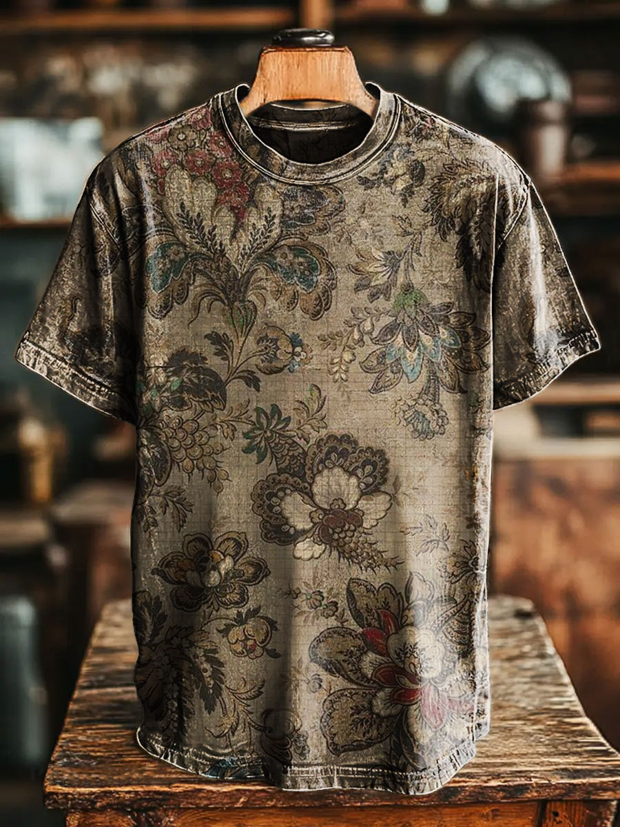 Unisex Retro Romantic Floral Print Casual Loose Short Sleeve T-Shirt
