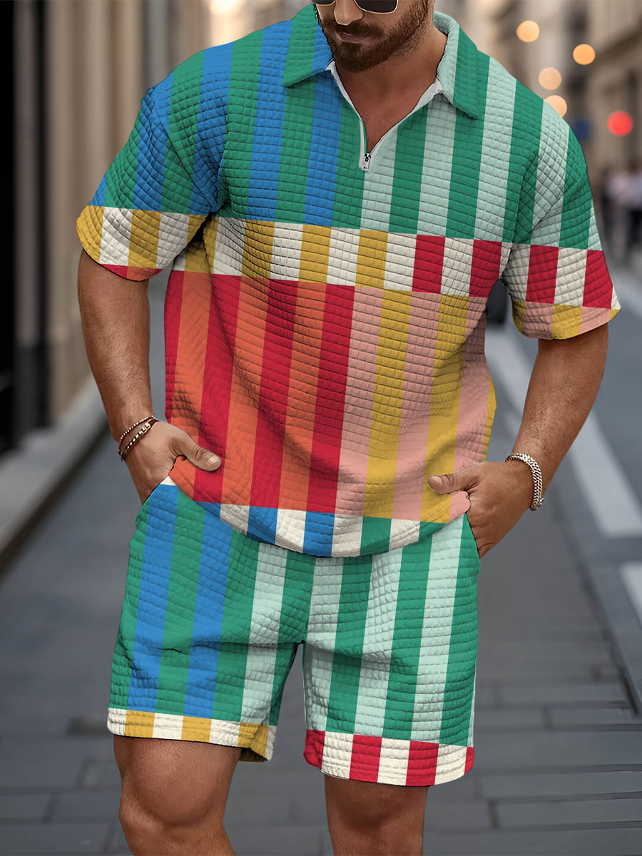 Men's Simple Abstract Stripe Art Short Sleeve Zipper Waffle Two-piece Set