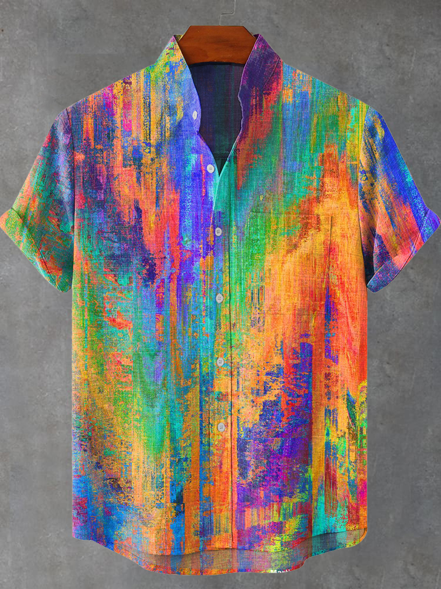 Vintage Rainbow Mottled Art Cat Print Casual 100% Cotton Shirt