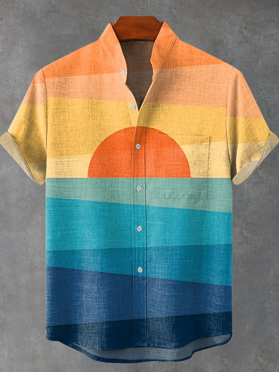 Abstract Geometry Circle Sunset Vintage Print Casual 100% Cotton Shirt