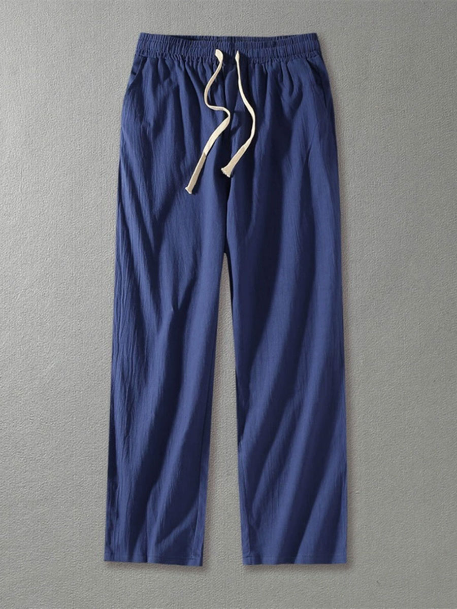 Men's Straight Wide Leg Pants Solid Color Cotton and Linen Casual Trousers Men