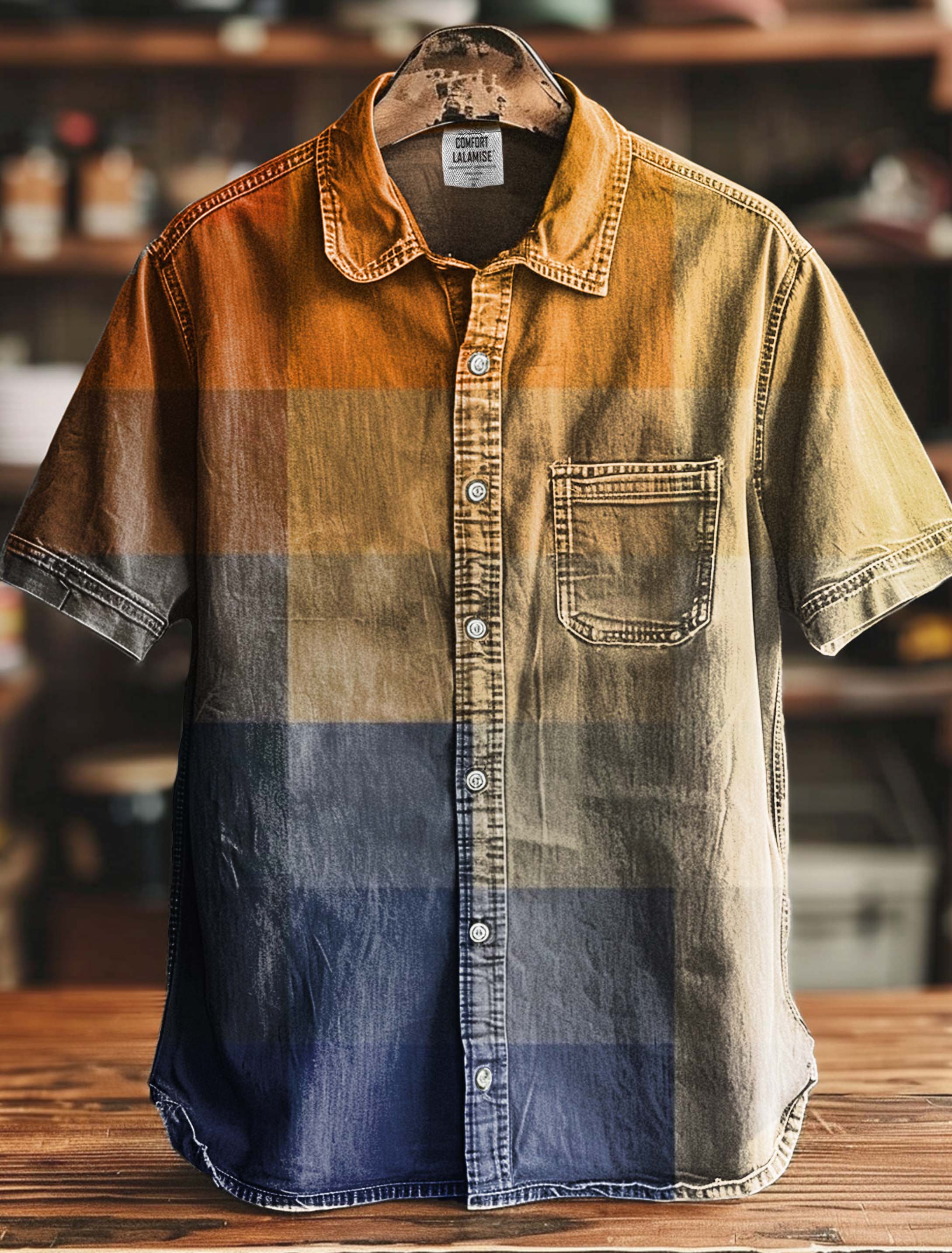 Orange Blue Sunset Gradient Grid Geometry Art Print Casual 100% Cotton Shirt