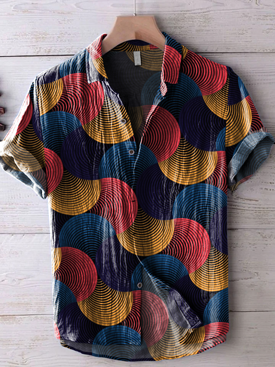 Line Combination Fan-shaped Decorative Pattern Casual Cotton And Linen Polo