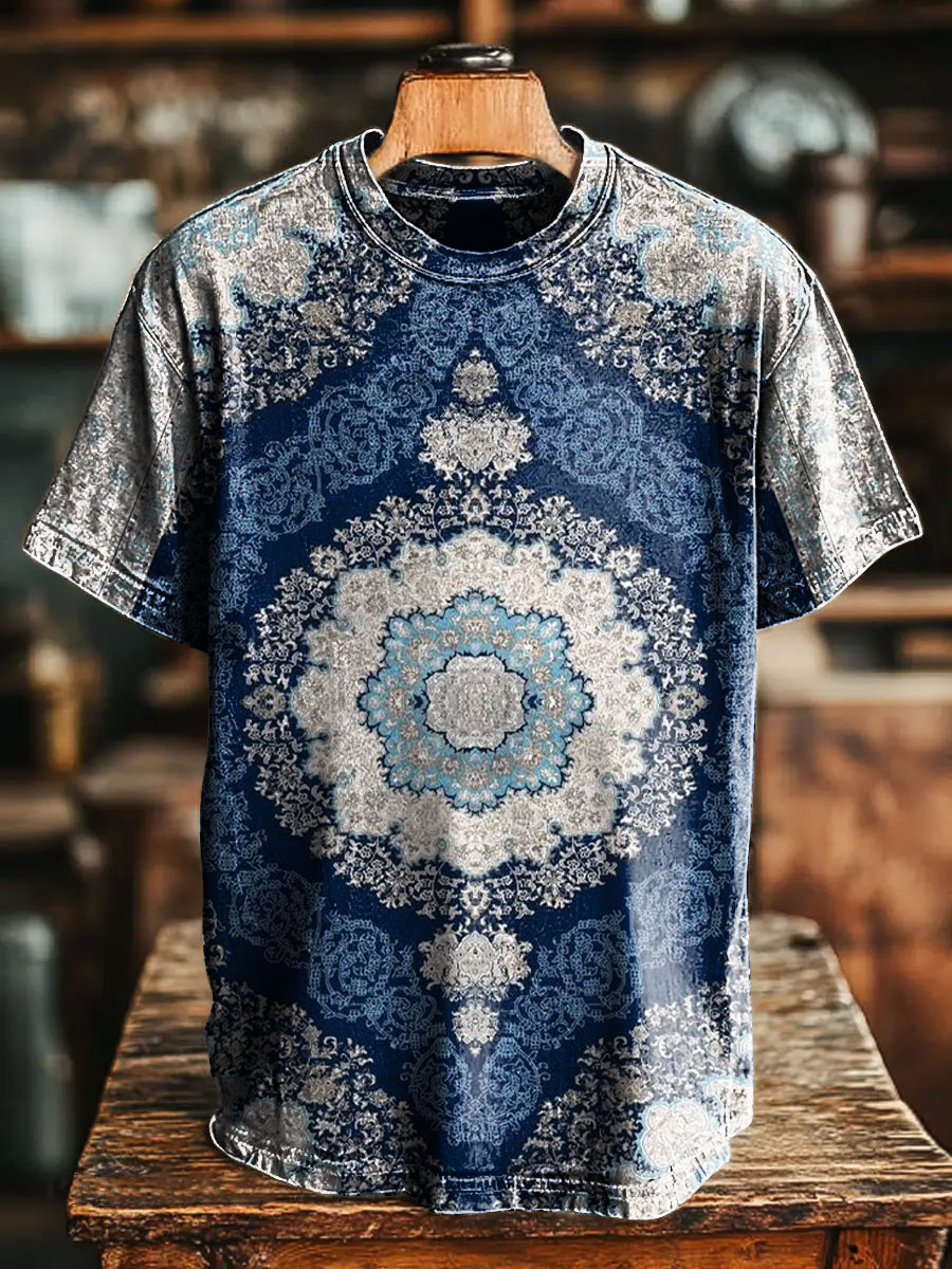 Unisex Retro Blue Ethnic Pattern Print Casual Loose Short Sleeve T-Shirt