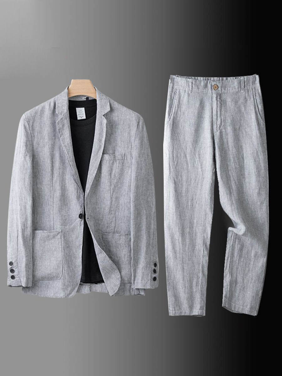 Men's Loose Top Jacket Cotton and Linen Casual Suit Set