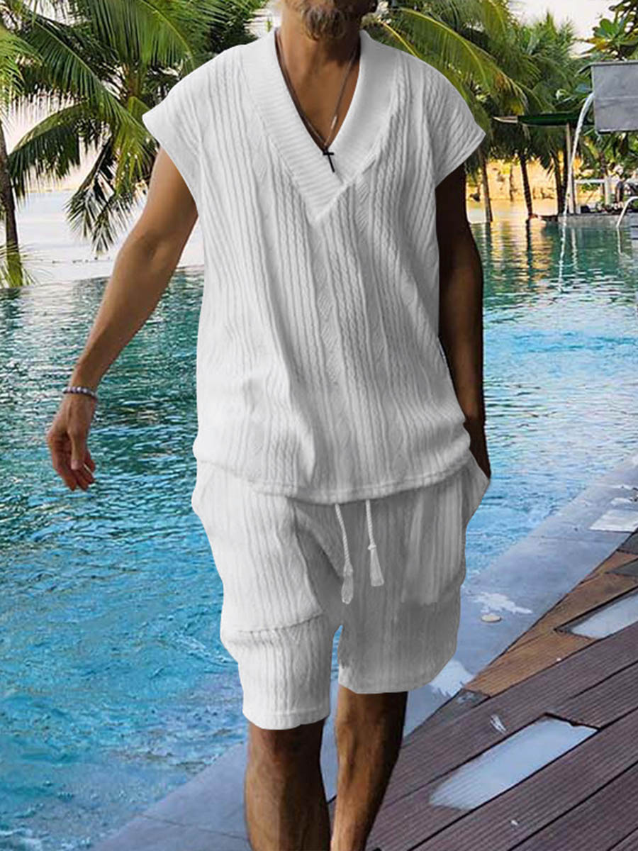 Men's Casual Sleeveless T-shirt Shorts Jacquard Knitted Set