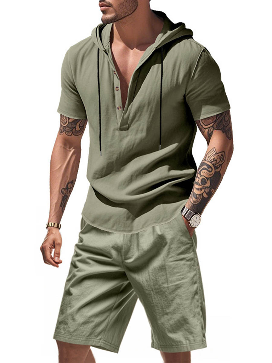 Men's Linen Hooded Beach Casual Short Sleeve Shirt Set