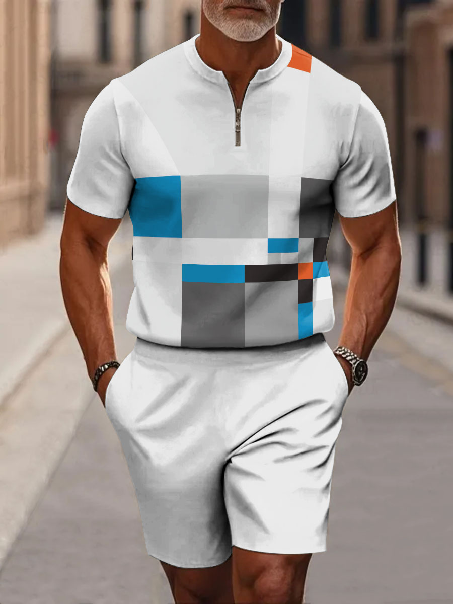 Geometric Color Block Decorative Pattern Short Sleeve Zipper Two-piece Set