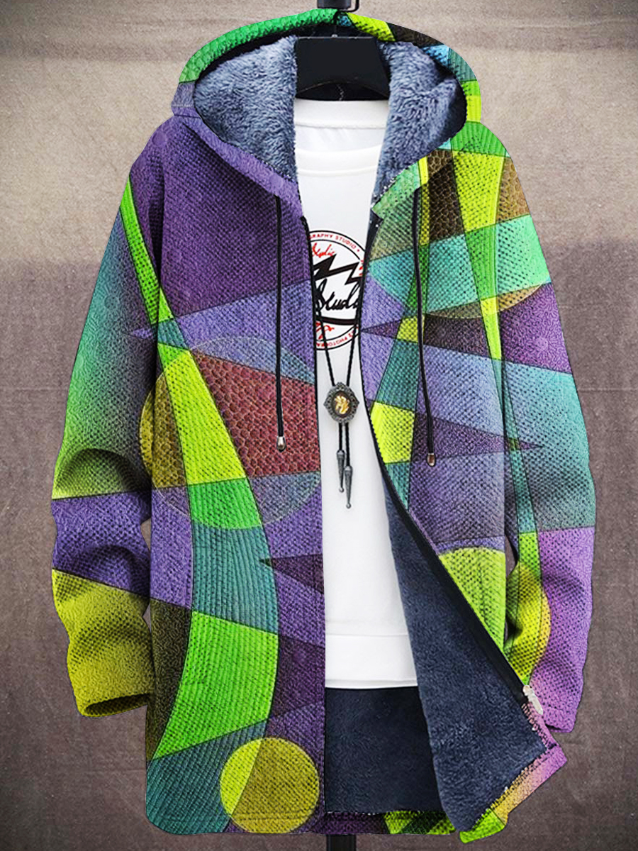 Unisex Men's Retro Geometric Pattern Color Print Plush Thick Long Sleeve Sweater Cardigan Jacket
