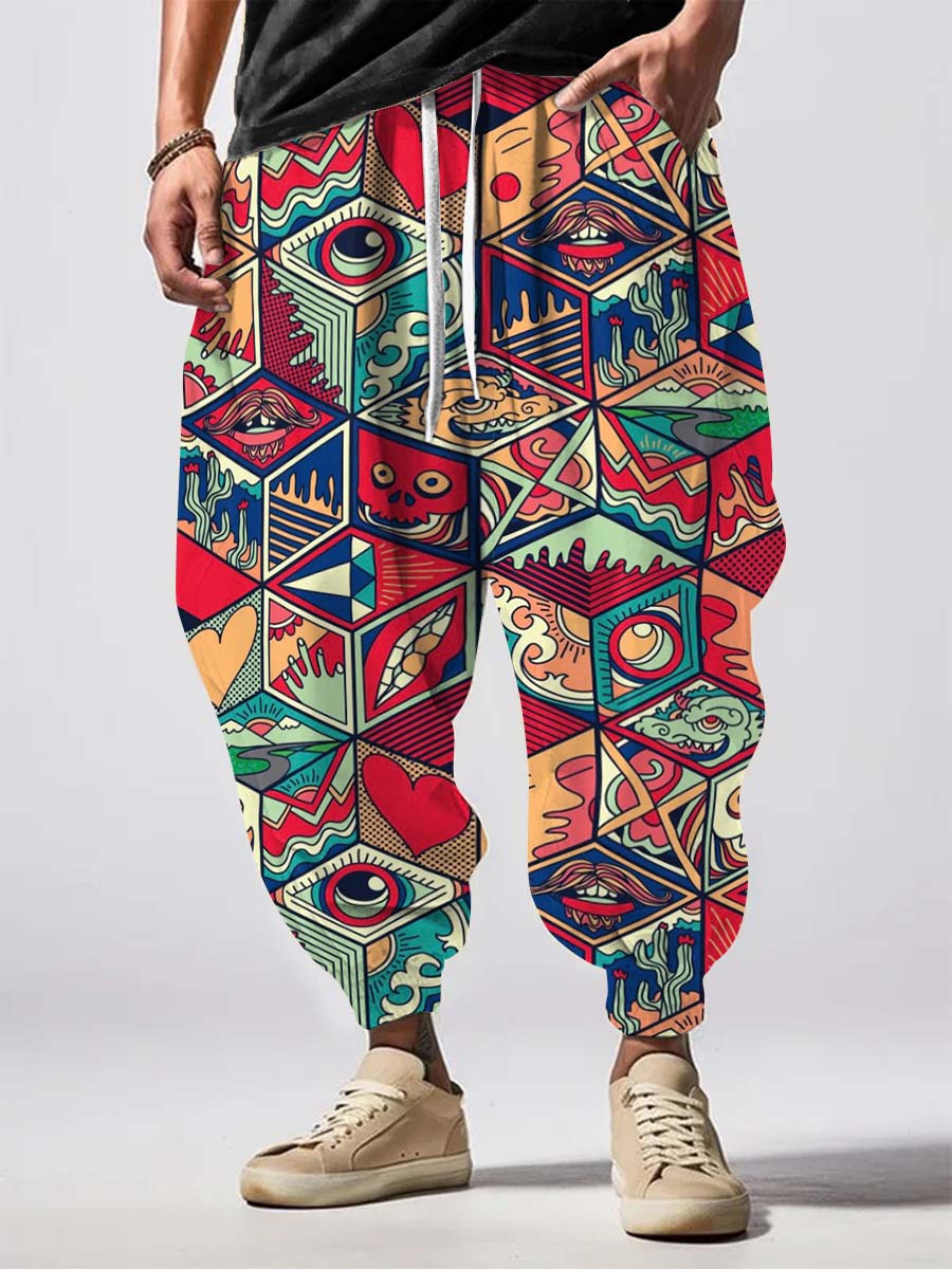 Men's Japanese Panel Painting Splicing Art Comfy 100% Cotton Pants