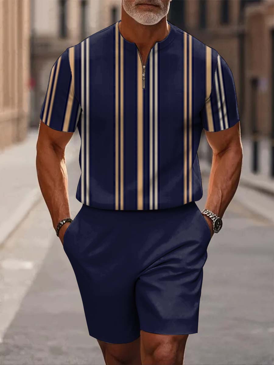 Men's Dark Blue Stripes Casual Short Sleeve Zipper Two-piece Set