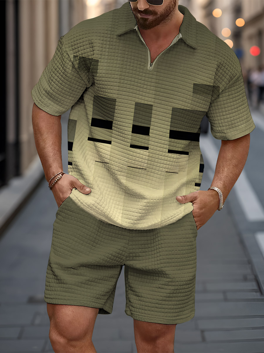 Men's Retro Simple Gradient Geometry Print Simple Lapel Zipper POLO Waffle Shorts Suit