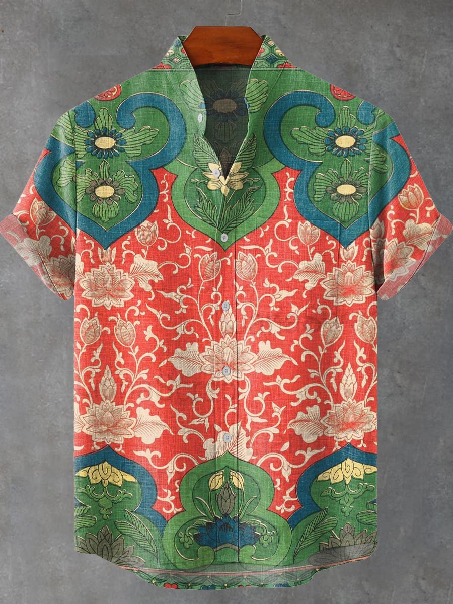Men's Vintage Lovely Floral Art Print Casual 100% Cotton Shirt