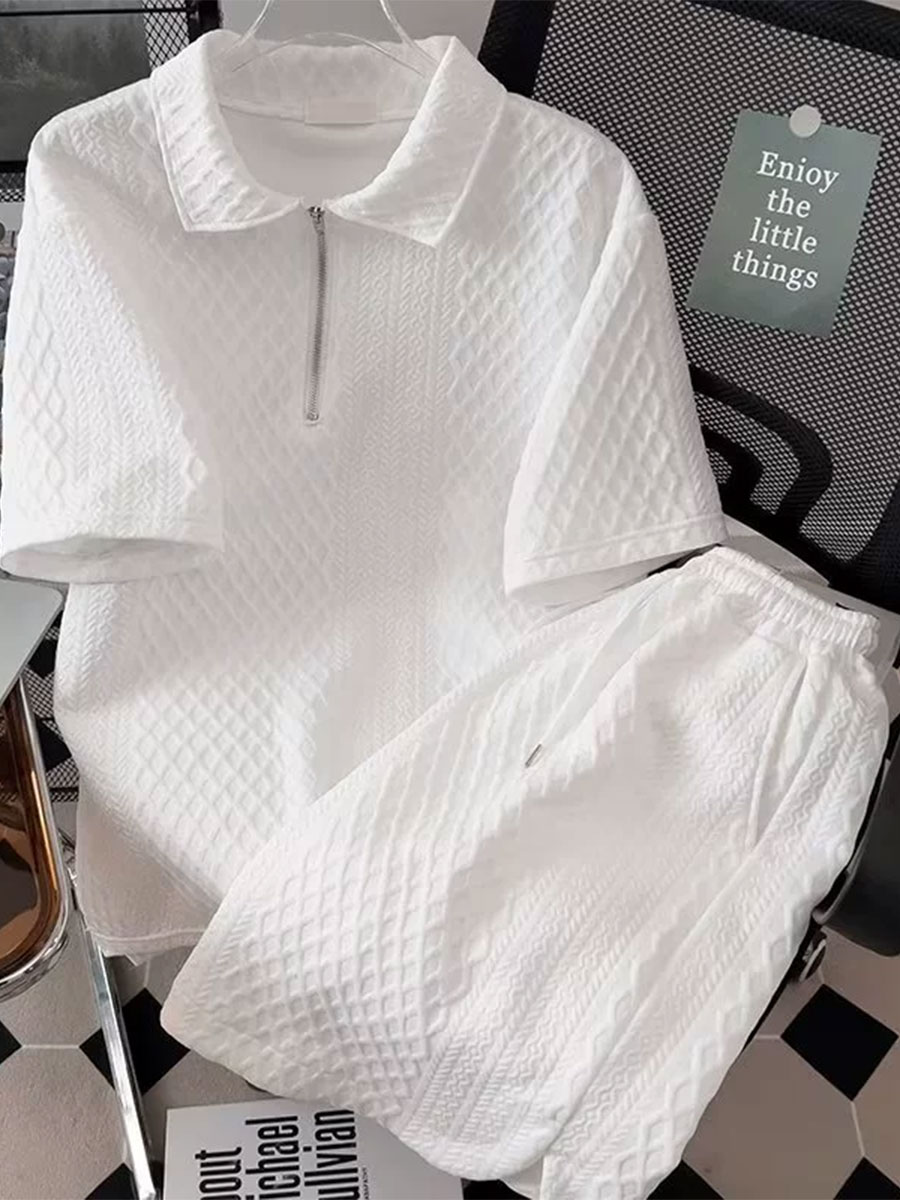 Men's Casual Shorts Short-sleeved Polo Shirt Textured Suit