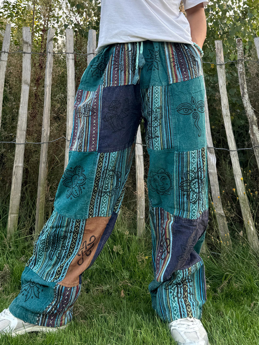 Men's Retro Hippie Patchwork Flowers Print Comfy 100% Cotton Pants