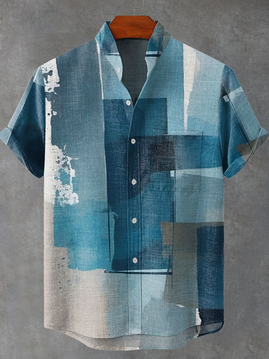 Blue Geometric Color Block Decorative Pattern Casual 100% Cotton Shirt
