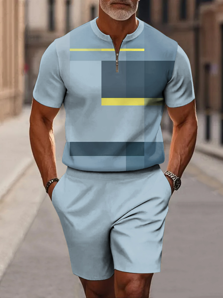 Men's Blue Color-block Rectangular Art Short Sleeve Zipper Two-piece Set