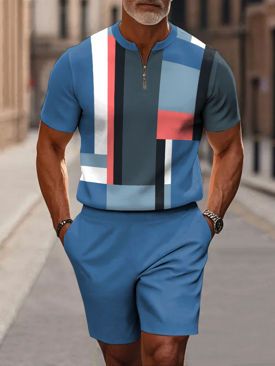 Color Collection Block Decorative Pattern Short Sleeve Zipper Two-piece Set
