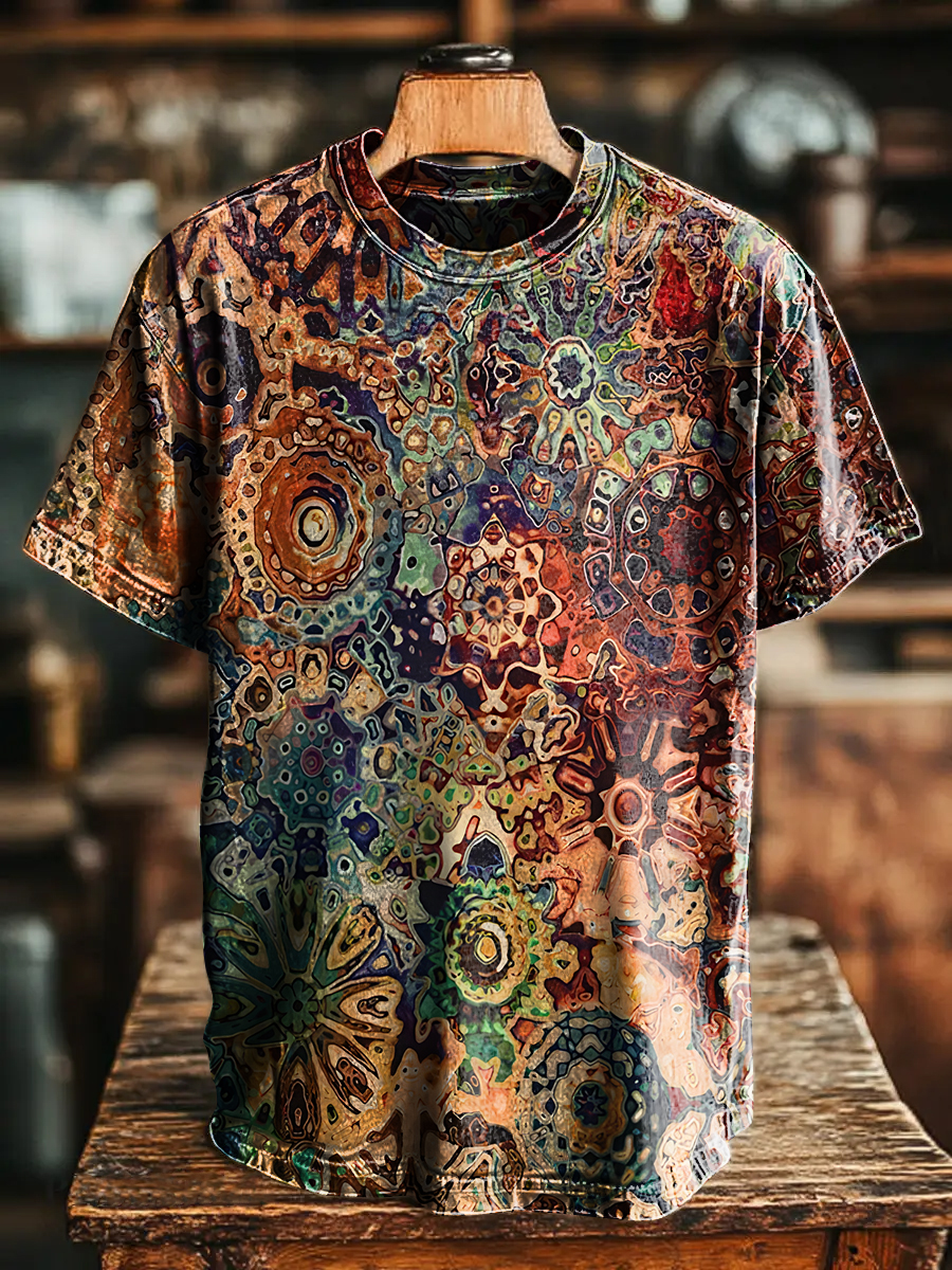 Retro Ethnic Multicolor Art Mandala Print T-shirt