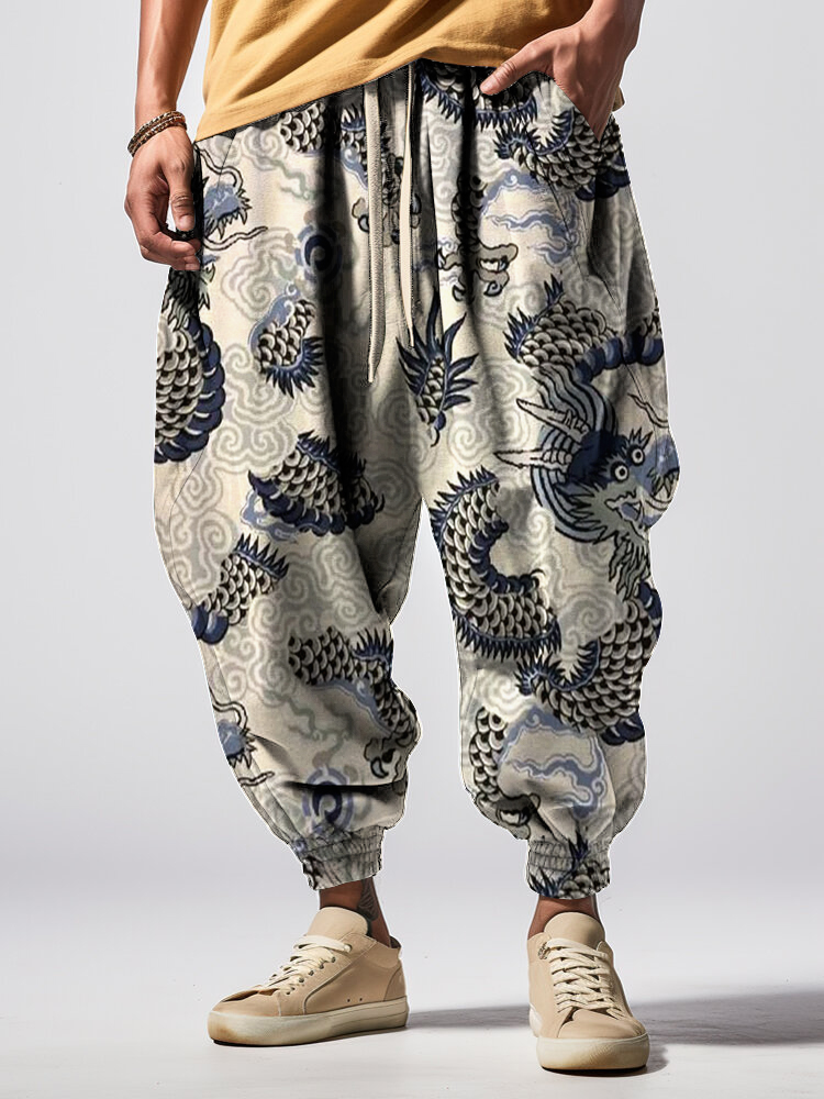 Men's Japanese Dragon Art Print Loose Drawstring Waist Sweatpants