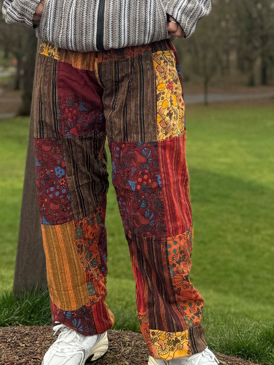 Men's Retro Hippie Patchwork Flowers Print Comfy 100% Cotton Pants