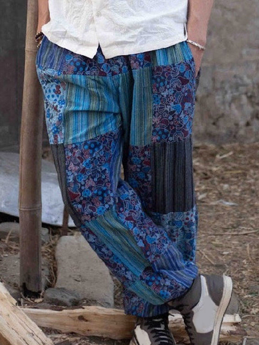 Men's Retro Hippie Patchwork Flowers Print Comfy 100% Cotton Pants