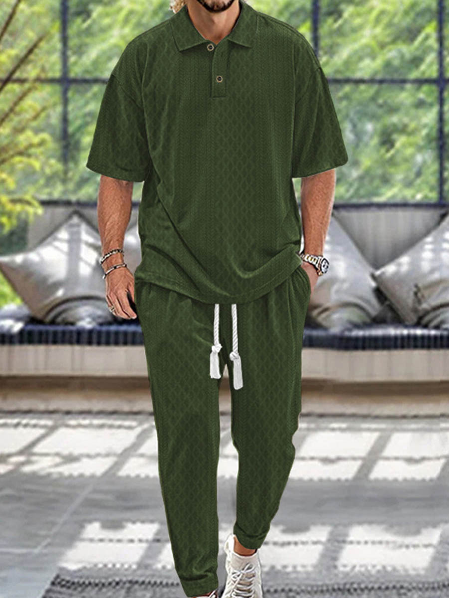 Men's Jacquard Knitted Casual Button Lapel Trousers Short Sleeve Two-piece Suit