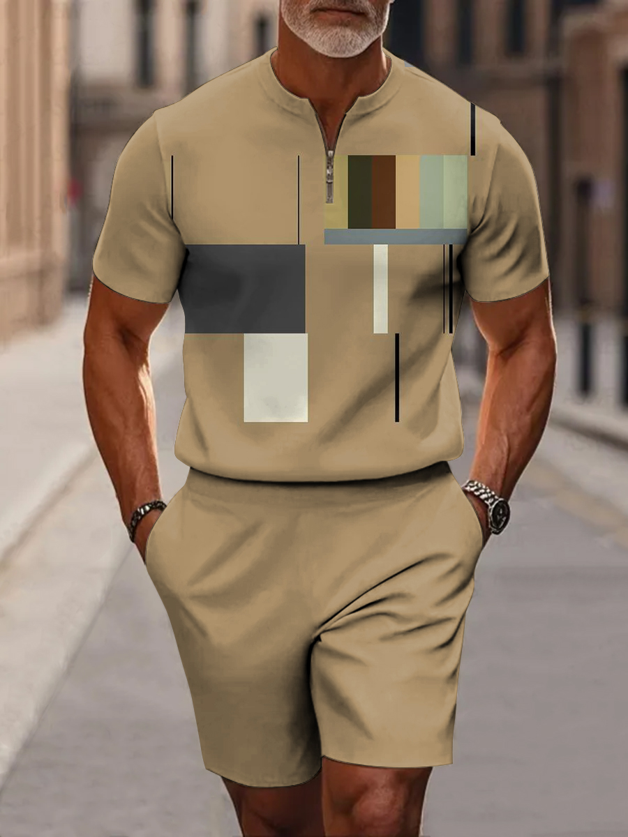 Men's Brown Irregular Square Geometric Art Short Sleeve Zipper Two-piece Set