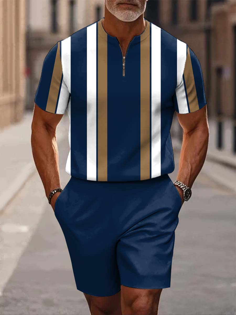 Men's Dark Blue Stripes Casual Short Sleeve Zipper Two-piece Set