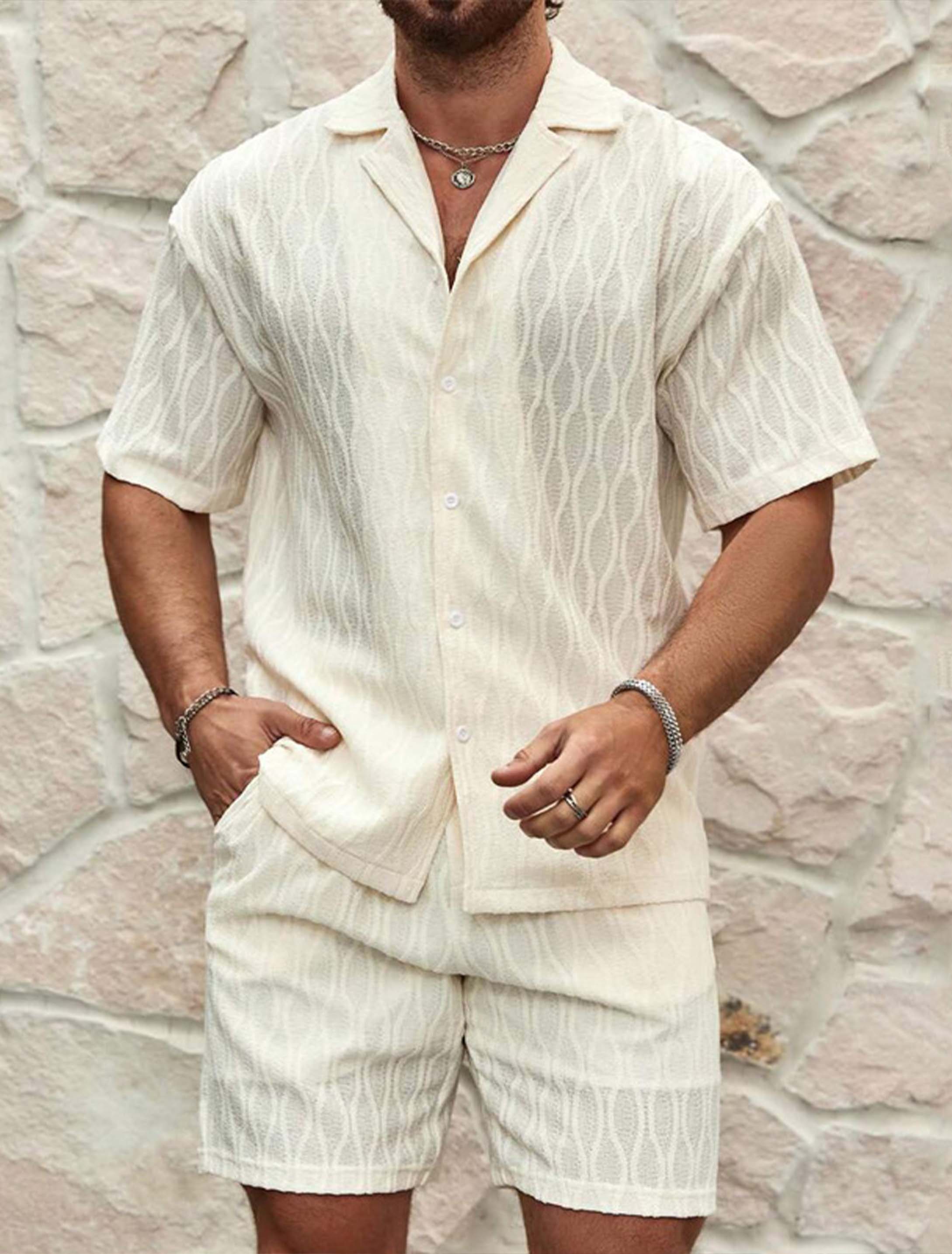 Men's Casual Sports Suit Button Shirt Shorts Two-piece Suit