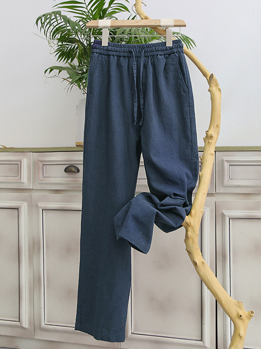 Men's Cotton Linen Plain Elastic Drawstring Waist Wide Leg Pants