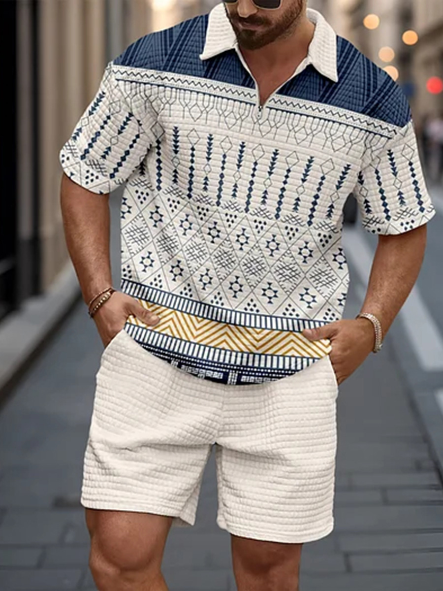 Men's Retro Ethnic Pattern Print Simple Lapel Zipper POLO Waffle Shorts Suit
