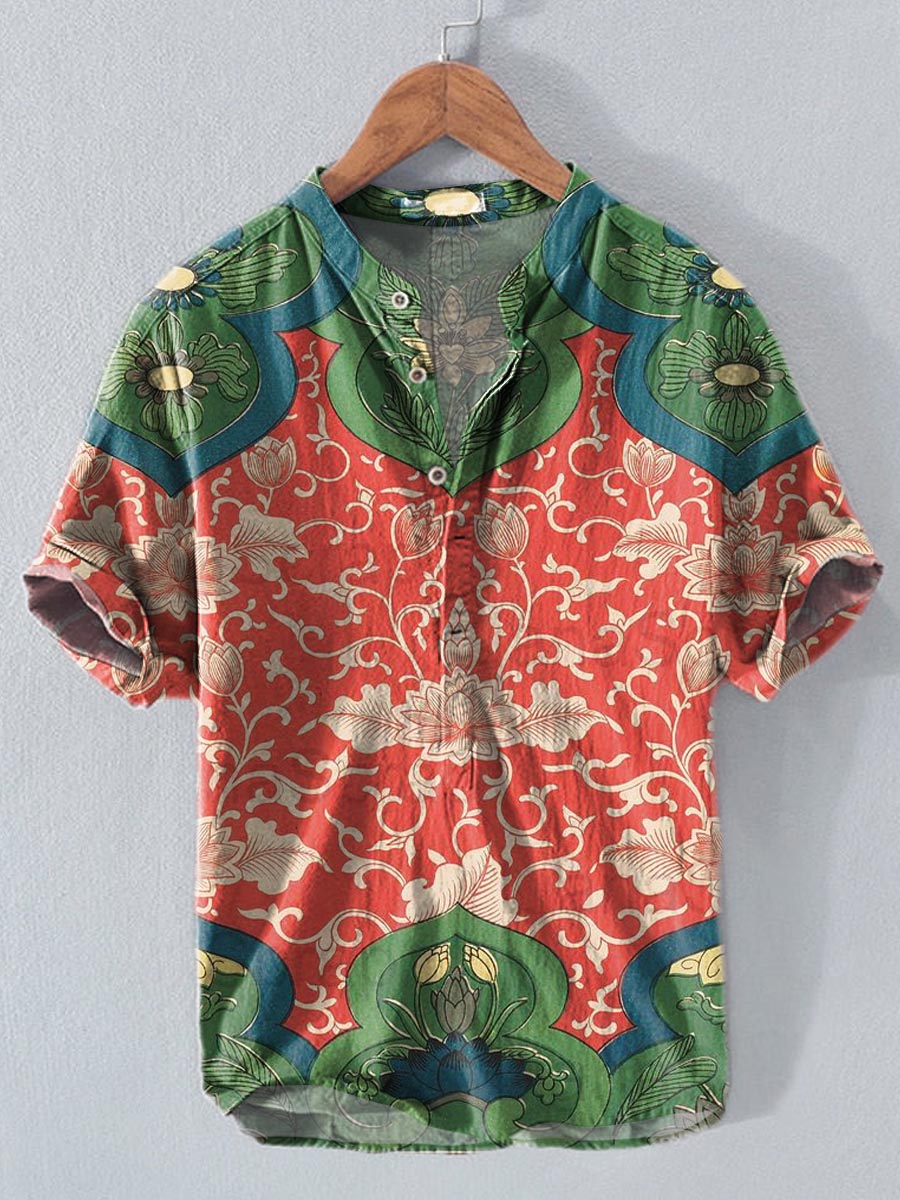 Men's Vintage Lovely Floral Art Print Casual Cotton And Linen Polo