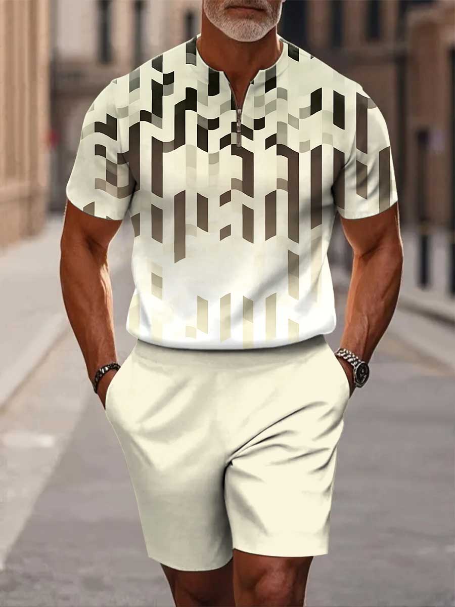 Men's Casual Abstract Art Geometry Gradient Print Short Sleeve Zipper Two-piece Set