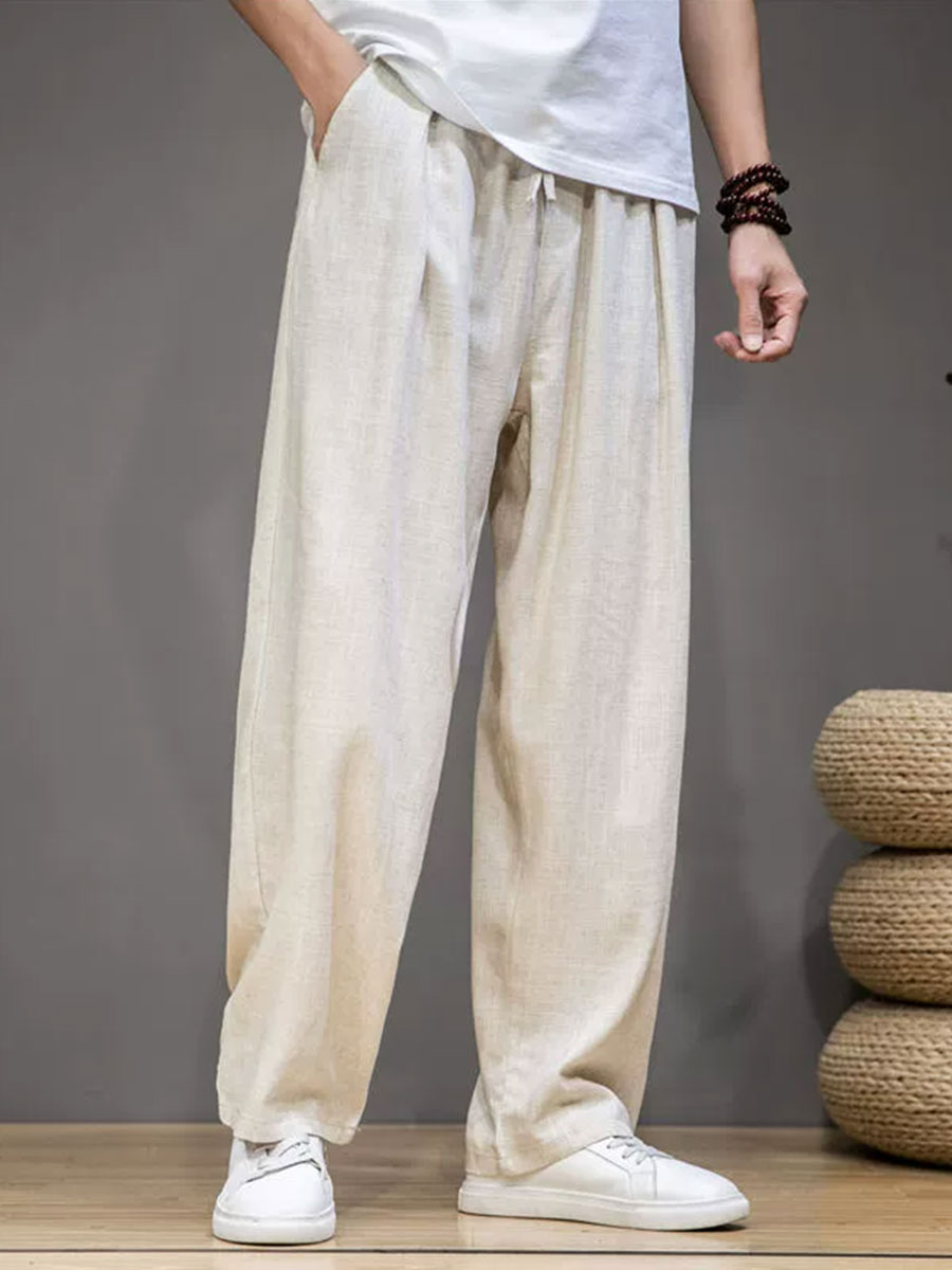 Men's Cotton Linen Plain Elastic Drawstring Waist Wide Leg Pants