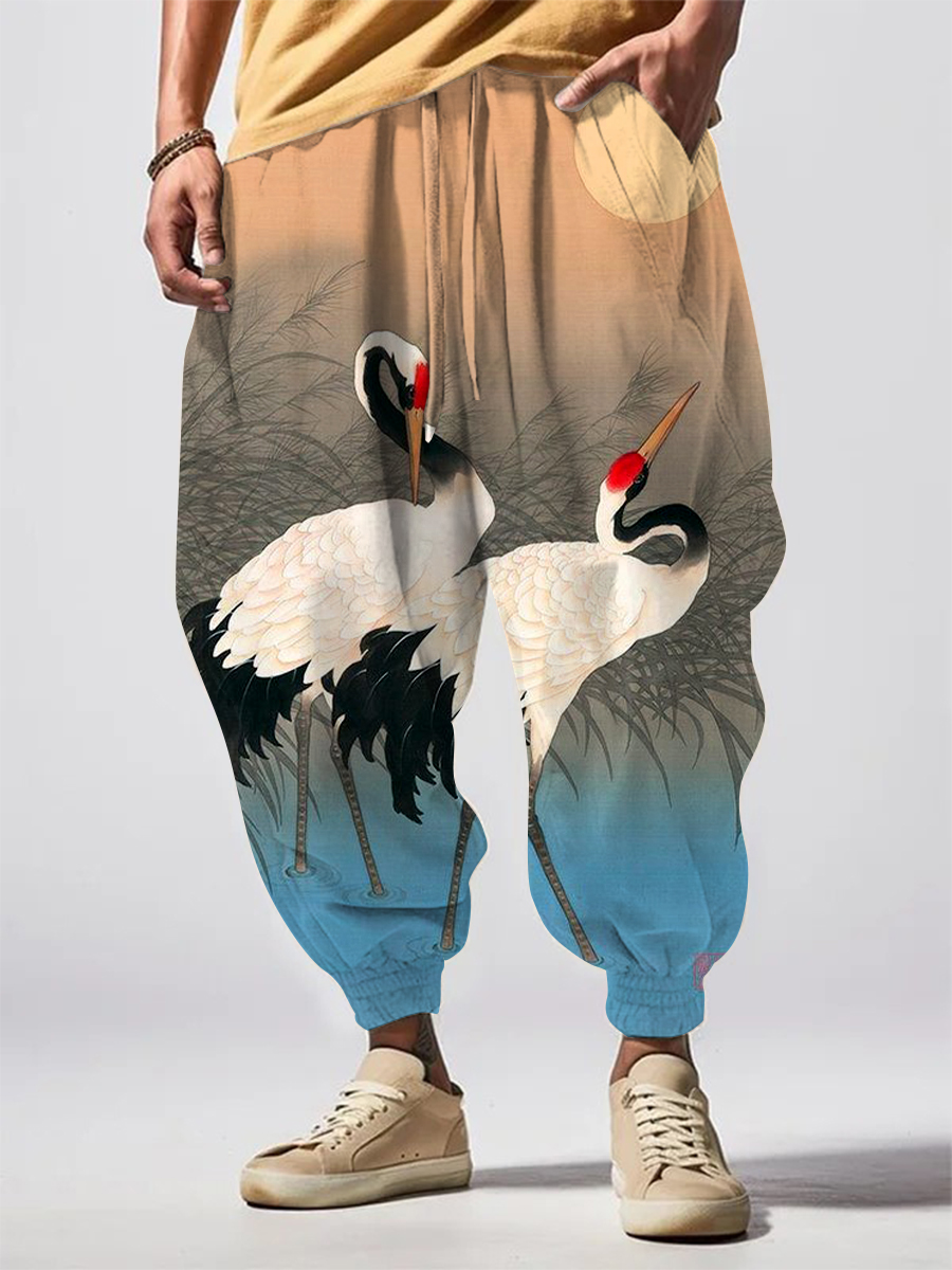 Men's Retro Crane Art Print Comfy 100% Cotton Pants
