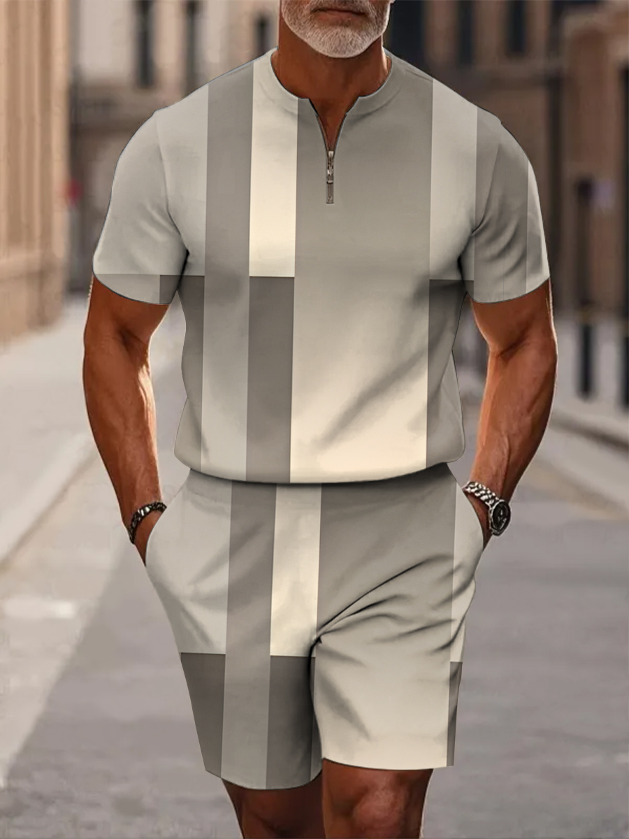 Men's Retro Abstract Geometric Gradient Print Short Sleeve Zipper Two-piece Set