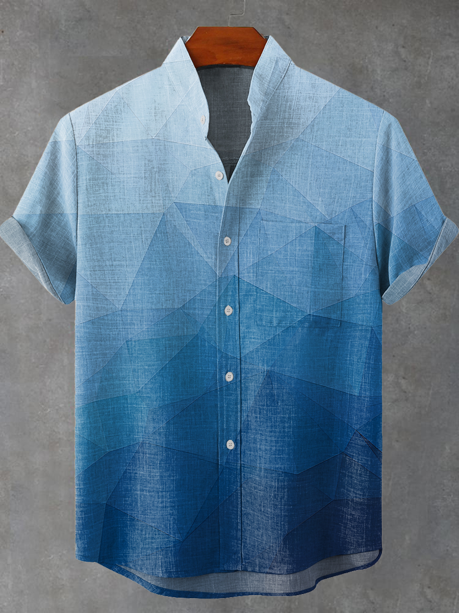 Blue geometric gradient triangle Vintage Print Casual 100% Cotton Shirt