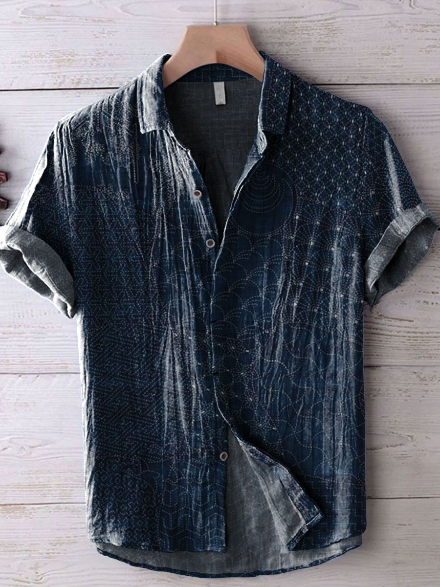 Japanese Traditional Sashiko Art Vintage Print Casual Cotton And Linen Polo