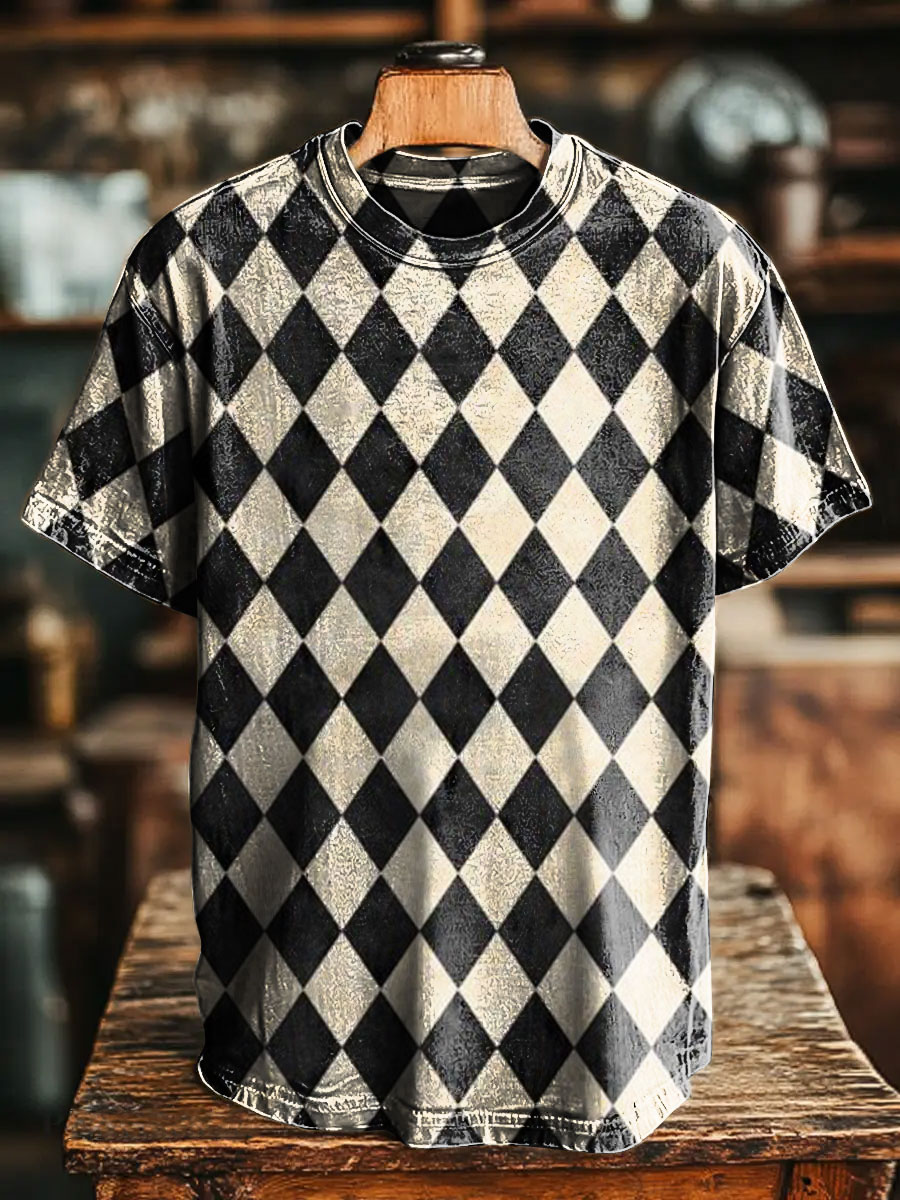 Unisex Retro Diamond Grid Splicing Print Casual Loose Short Sleeve T-Shirt