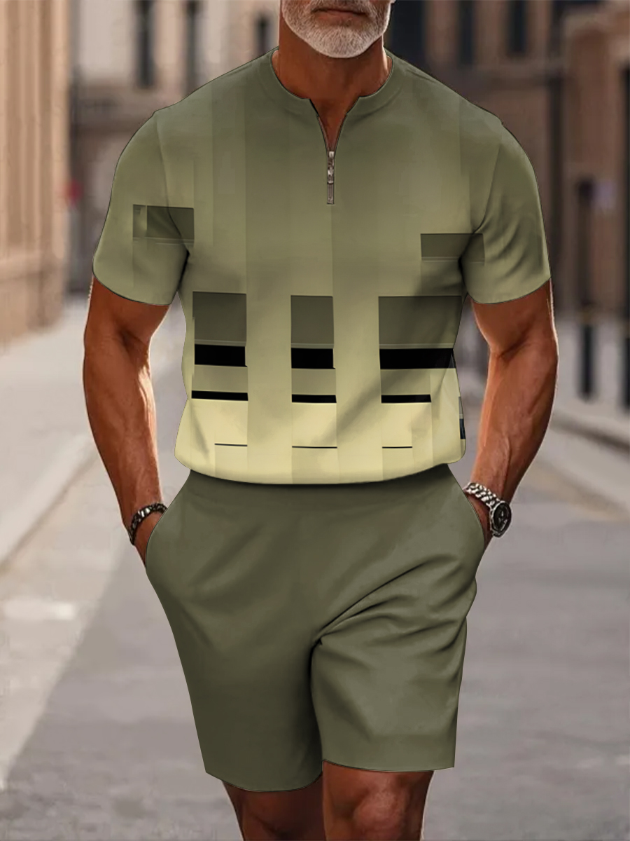 Men's Simple Gradient Art Print Short Sleeve Zipper Two-piece Set