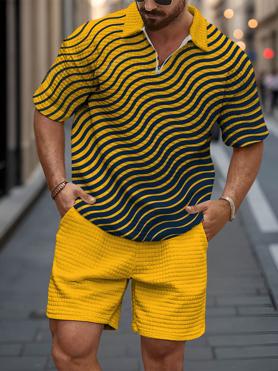 Men's Simple Abstract Stripe Art Short Sleeve Zipper Waffle Two-piece Set