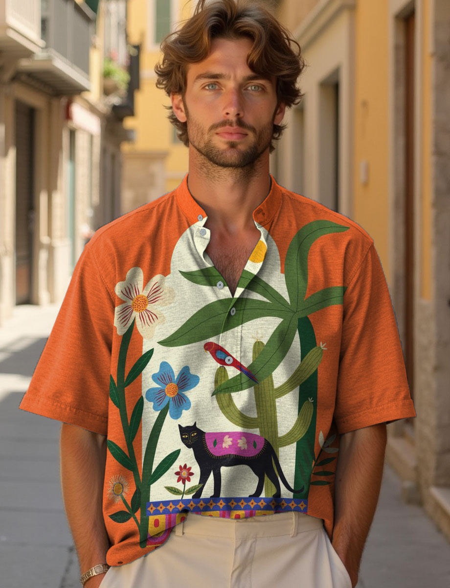 Plants In Front of Vintage Arch. Black Panther and Plant Decorative Pattern Casual Cotton And Linen Polo