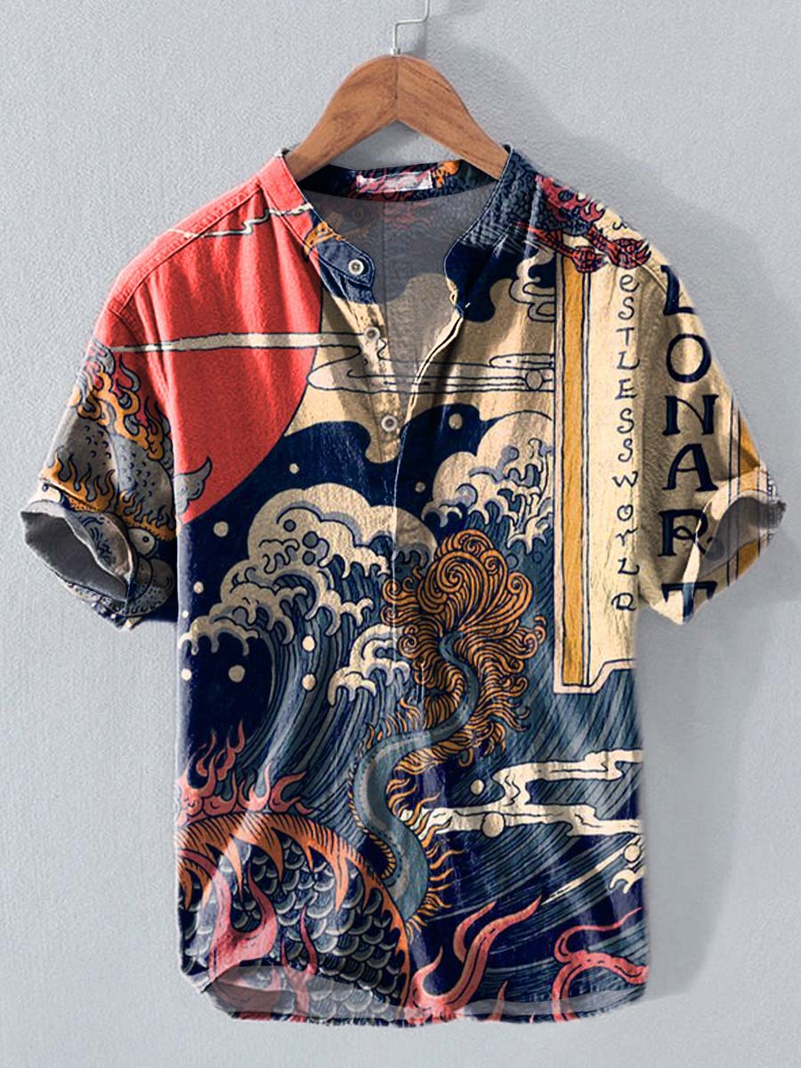 Vintage Japanese Art Ukiyoe Wave Painting Print Casual Cotton And Linen Polo